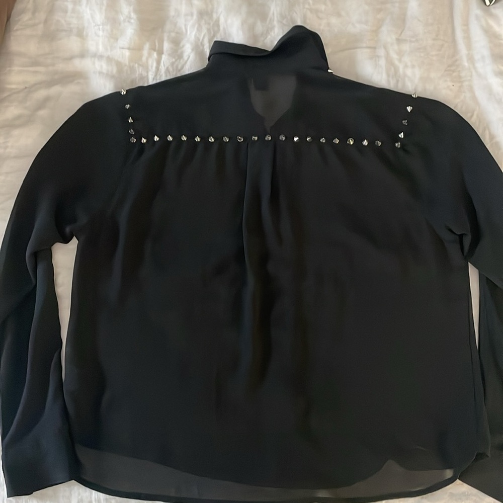 Forever 21 Black Sheer Studded Long Sleeve Button Down Blouse sz S - Picture 2 of 5